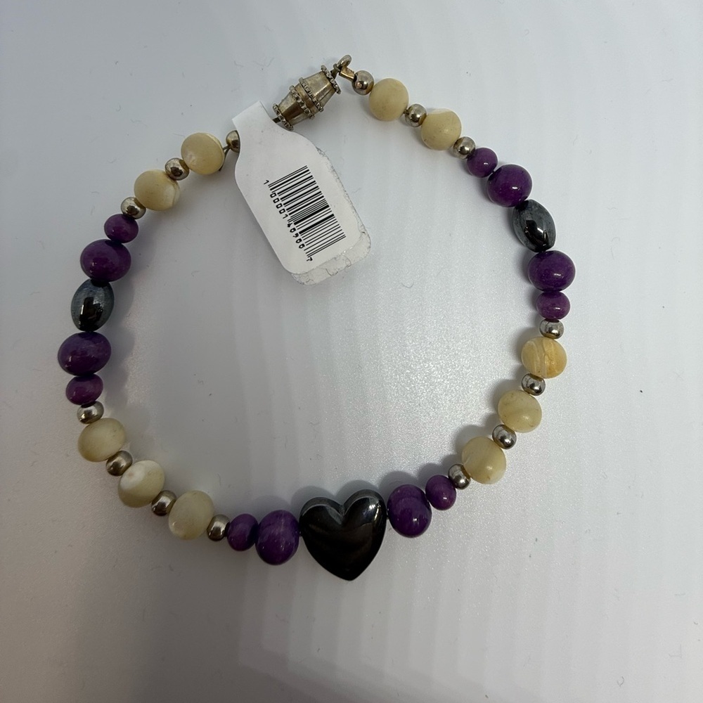 Purple Bead Bracelet w/ Hematite Heart 8.5”